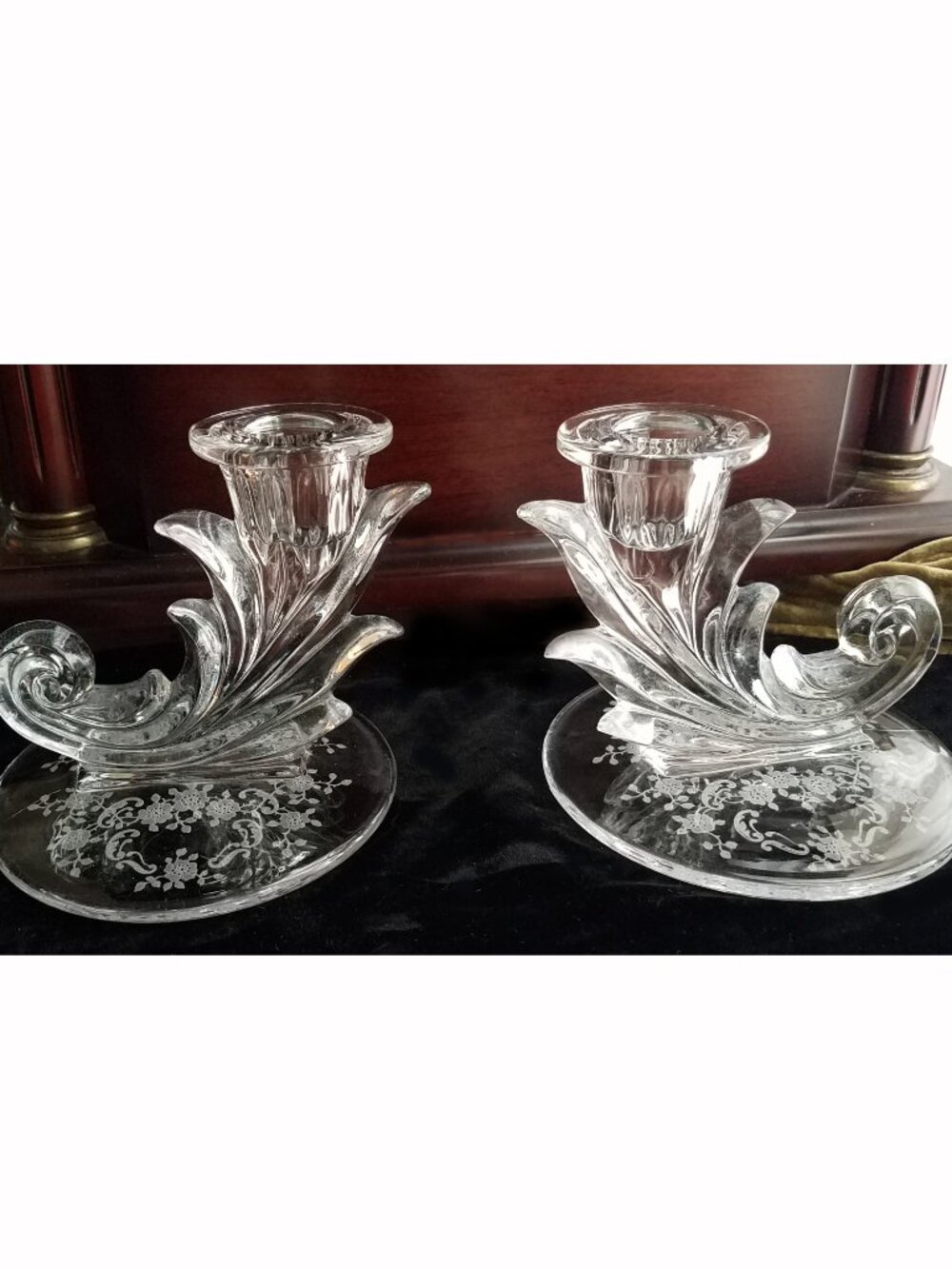 Pair of Fostoria Meadow Rose Vintage Etched Baroque Scroll Glass Candlesticks